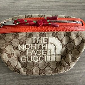 The North Face x Gucci Brown Beige Monogram Belt Bag with Orange Trim
